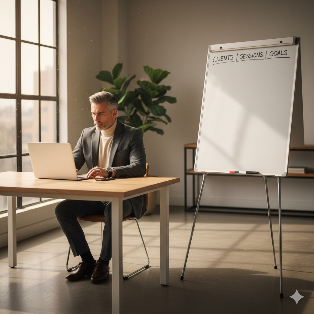 كوتش محترف في مكتب حديث يفكر وبيخطط لجذب العملاء