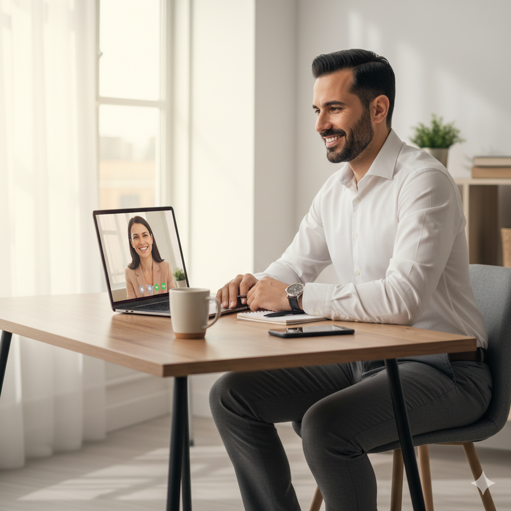 كوتش على لابتوب في مكالمة فيديو مع عميل مبتسم بعد حجز المكالمة