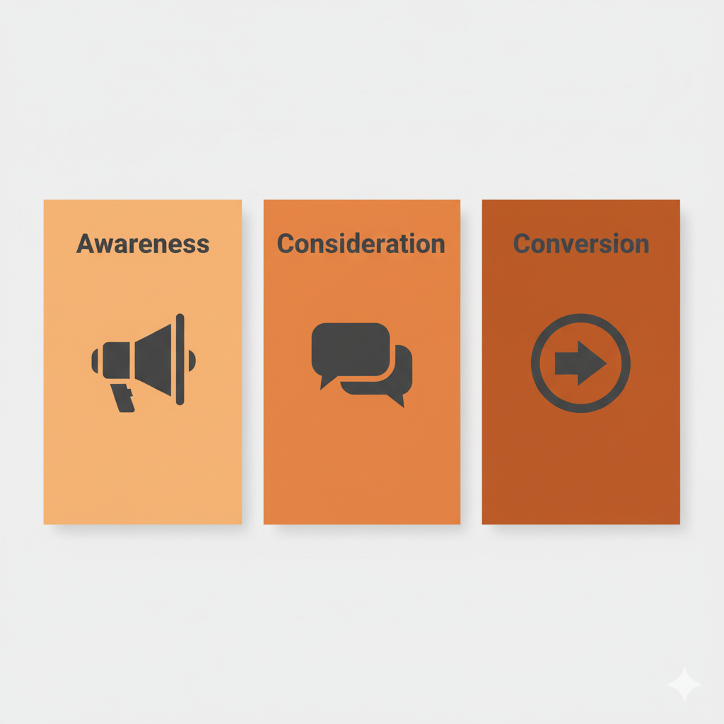 مخطط يوضح أنواع المحتوى الثلاثة: Awareness, Consideration, Conversion