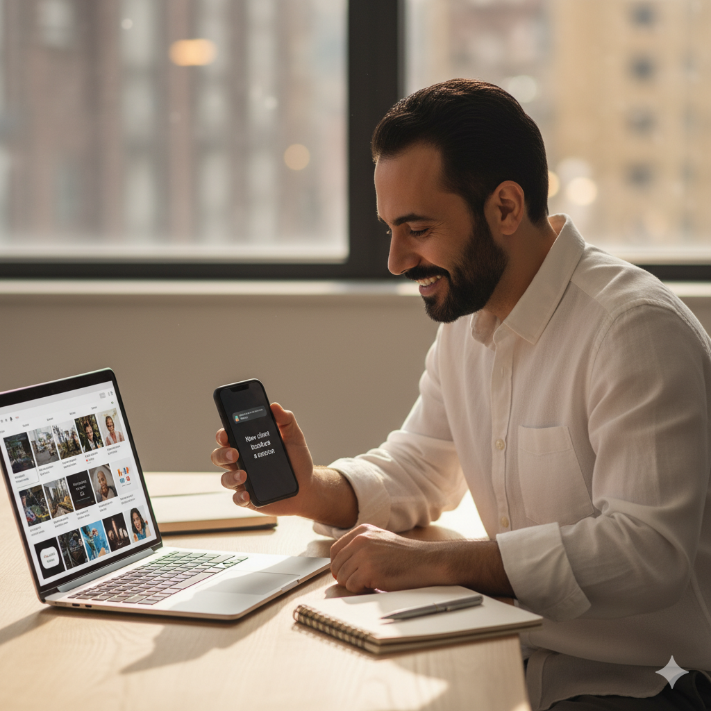 كوتش مبتسم بيتلقى إشعار على الموبايل بأن عميل جديد حجز جلسة