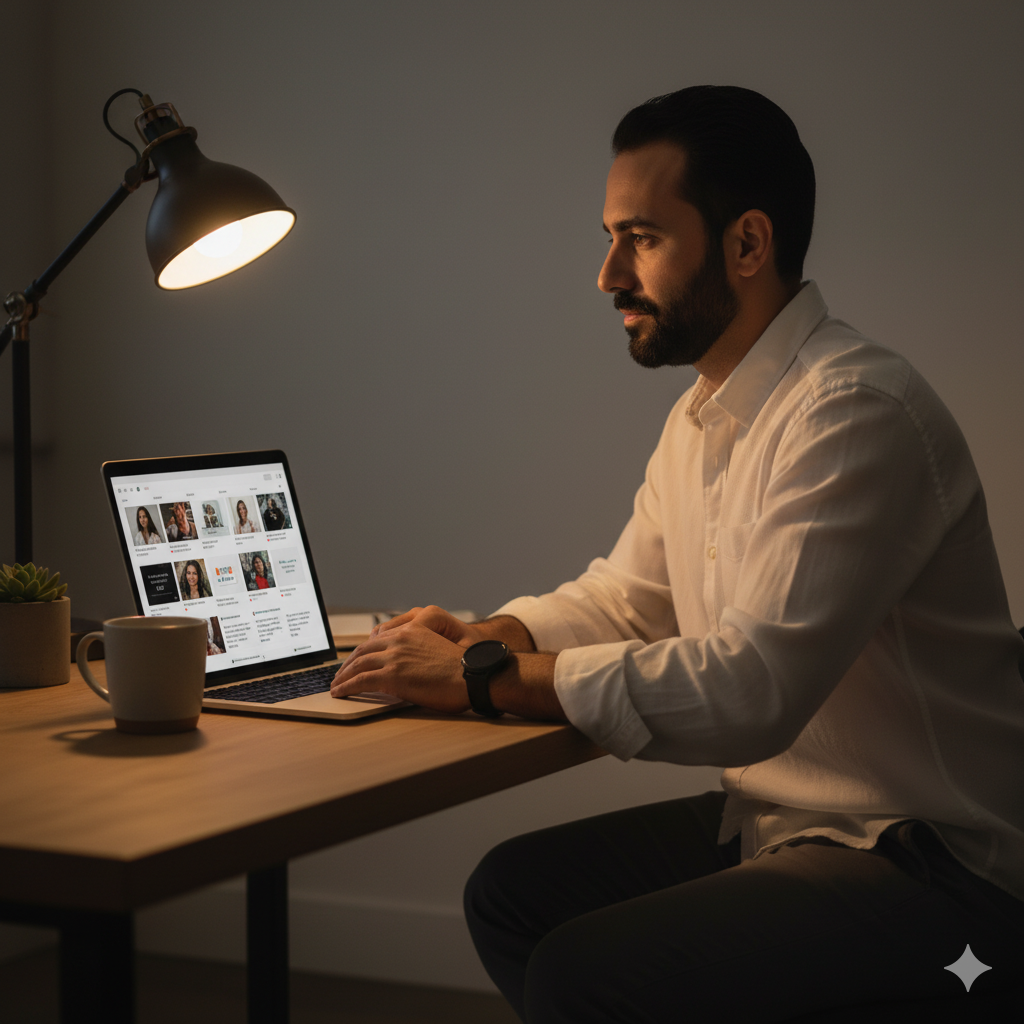 كوتش جالس في مكتب هادئ يفكر بعد يوم طويل، ضوء خافت ولابتوب أمامه
