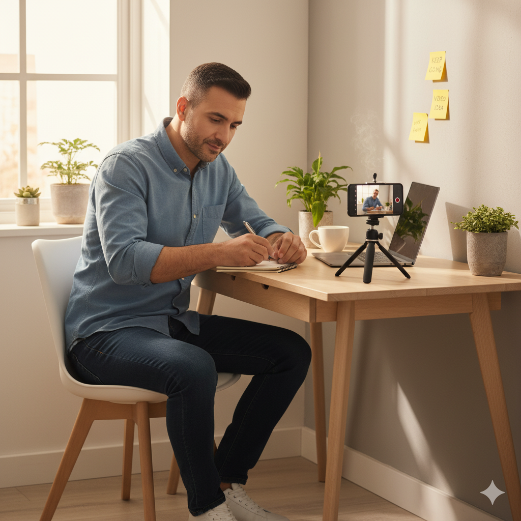 كوتش يكتب محتوى في الصباح الباكر على مكتبه بجانب فنجان قهوة ونباتات صغيرة