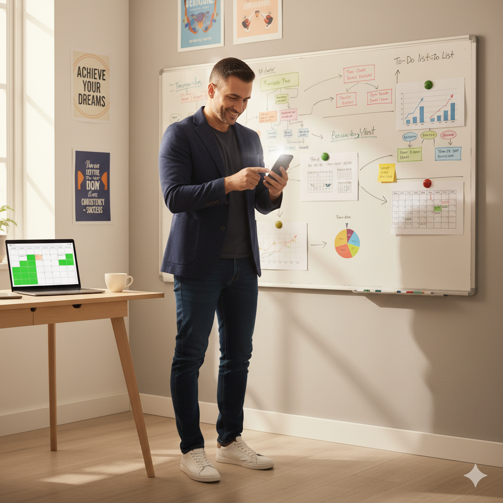 كوتش يقف بثقة أمام وايت بورد مليء بالمخططات ومواعيد الحجوزات